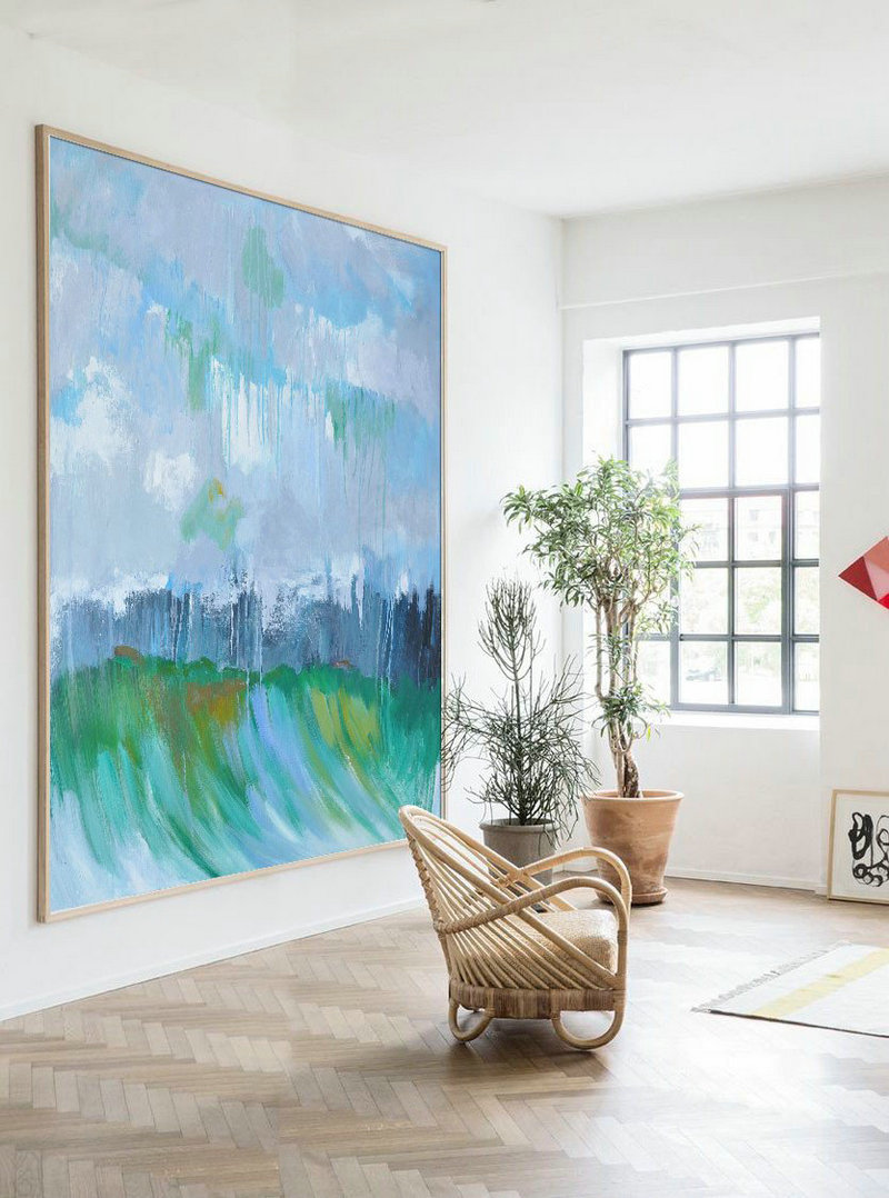 Large Abstract Art Handmade Painting,Oversized Abstract Landscape Oil Painting,Hand Painted Acrylic Painting,Gray,Green,Dark Blue.etc
